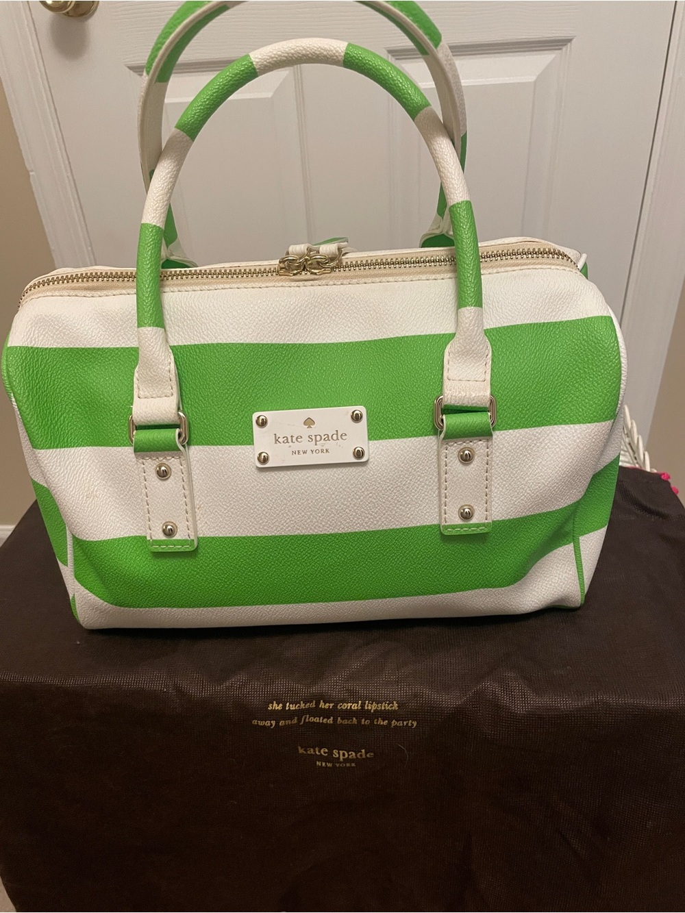 kate spade White and Bright Green Striped Satchel